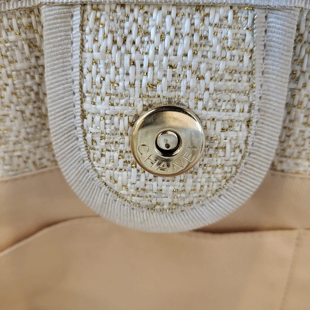 Chanel Lurex Boucle Small Deauville Tote Bag Ivory Gold 31 Rue Cambon 27202807